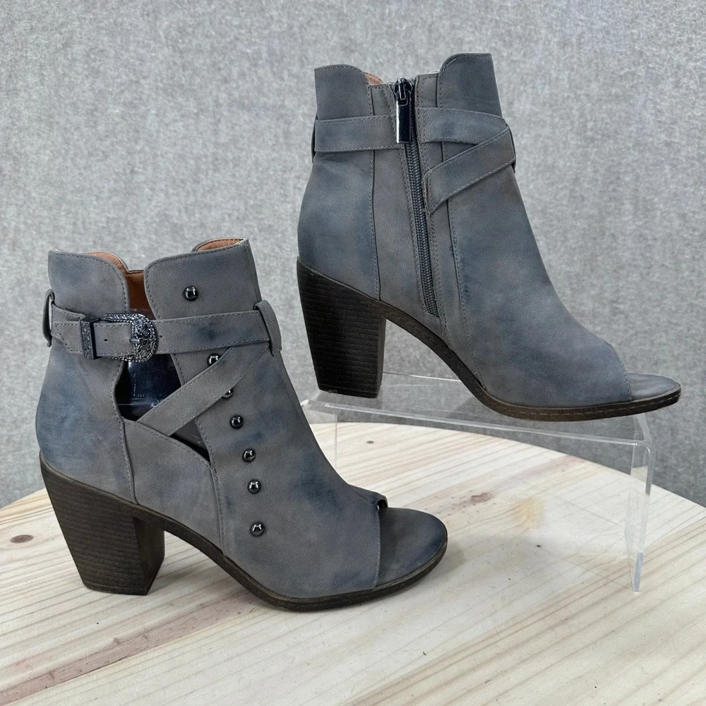 Buckle Vintage 93 Cali Ankle Boots Womens 8.5 Gray Peep Toe Studded Cali Bootie
